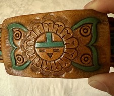 VTG Southwestern Chambers Leather Belt Hand Tooled  Painted Zuni Sun Sz 34