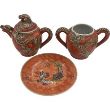 Vintage HHP Japanese Satsuma Dragonware Moriage Teapot Sugar Bowl and Plate Set