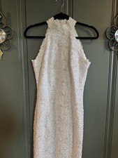 Gorgeous Vintage White Halter Bridal Wedding Maxi Dress Size 8 with Pearl Beads