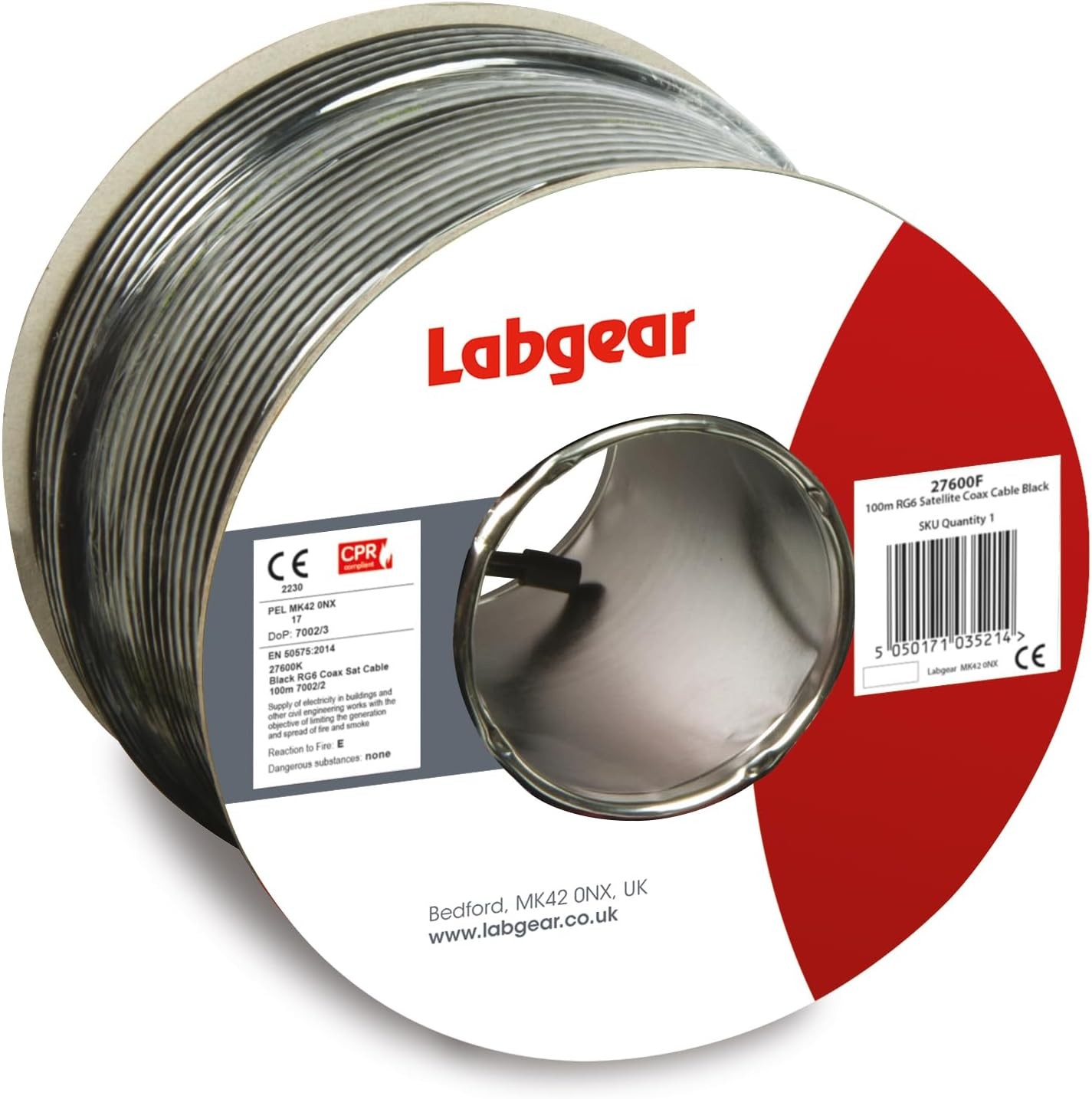 Labgear 100m Coaxial Satellite Cable RG6 – Black Digital Aerial, Data & Satel