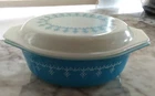 PYREX Snowflake Garland Blue White Oval Glass Casserole 1.5qt Vintage 1960s