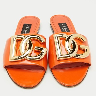 Dolce Gabbana Orange Patent Leather DG Logo Flat Slide Sandals