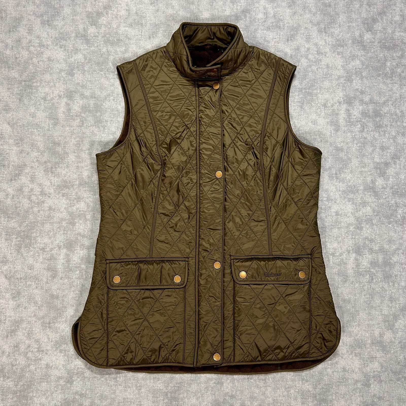 Barbour Wray Gilet olive green fleece lined quilted gorpcore zip vest wms 10