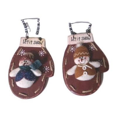 Set Of 2 Wooden Let It Snow Mittens W/ Stuffed Felt Snowman Attached Ornaments 