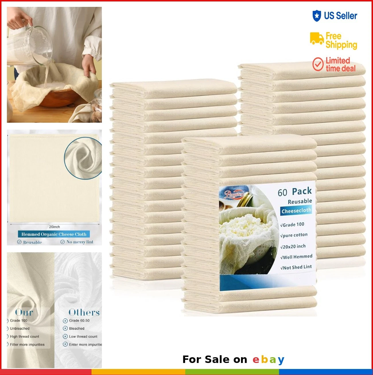 Cheesecloth 60 Pack 20x20 Inch Grade 100 Unbleached Cotton Hemmed for Straining