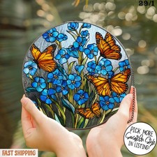 Forget Me Not  Monarch Butterfly Stain Glass Suncatcher, Blue Wildflower Window