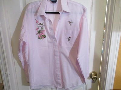 VTG LAS OLAS  Button Up Pink StripeS hirt Hummingbird Flowers Beads- Med