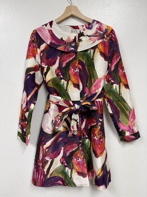 Beautiful Pink Floral By D&Y 100% Silk Dress Long Sleeves lined With Belt Size M