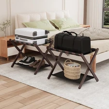 Brown Bamboo Luggage Rack Pack of 2, Foldable Suitcase Stand with Storage She...