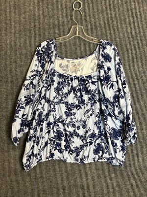 CUPIO Women s 4X Blue White Floral Boho Peasant Top Rayon 3/4 Sleeve Blouse