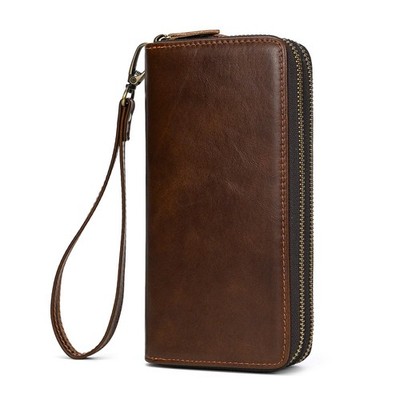 Genuine Leather Long Wallet Large Capacity Double Zipper Around Purse Clutch ...