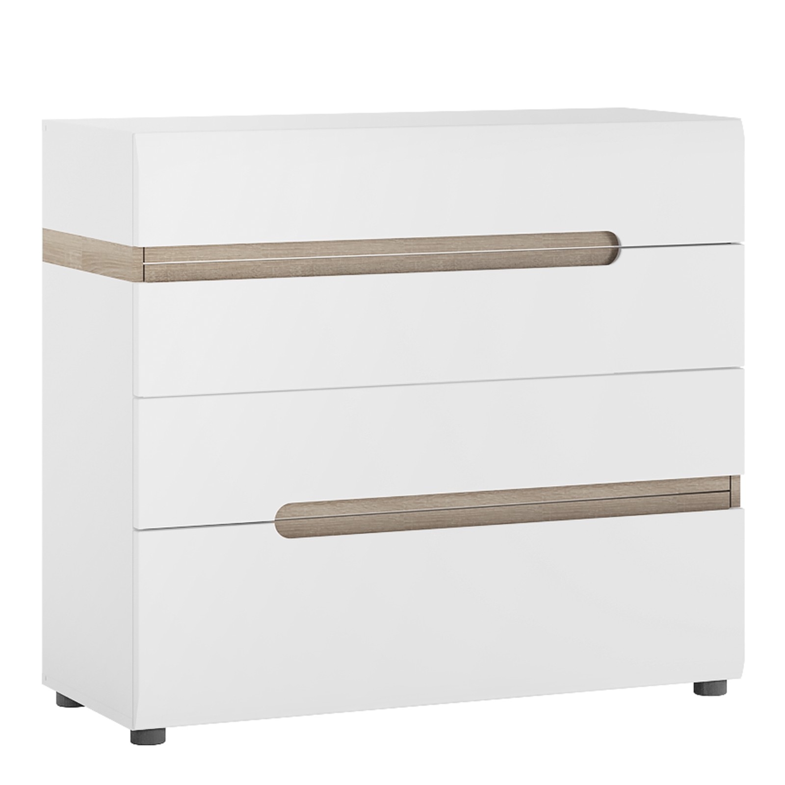 White Gloss Chest of Drawers - 96cm 4 Drawer Oak Trim Bedroom Storage