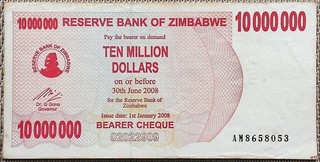 10.000.000 Dollars Banknote Geldschein Simbabwe/ Zimbabwe 2008 F VF =