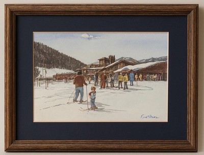 Ernst Ulmer Signed Ski Lodge Winter Scene Vtg Alpine Art Framed Print Mountain