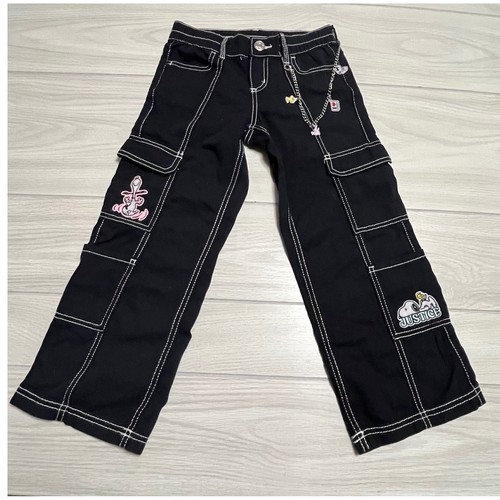 Justice Black Cargo Pants Snoopy Woodstock Chain Girls Size 6