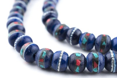 Cobalt Blue Inlaid  Bone Mala Beads 10mm Nepal Round Large Hole 34 Inch Strand