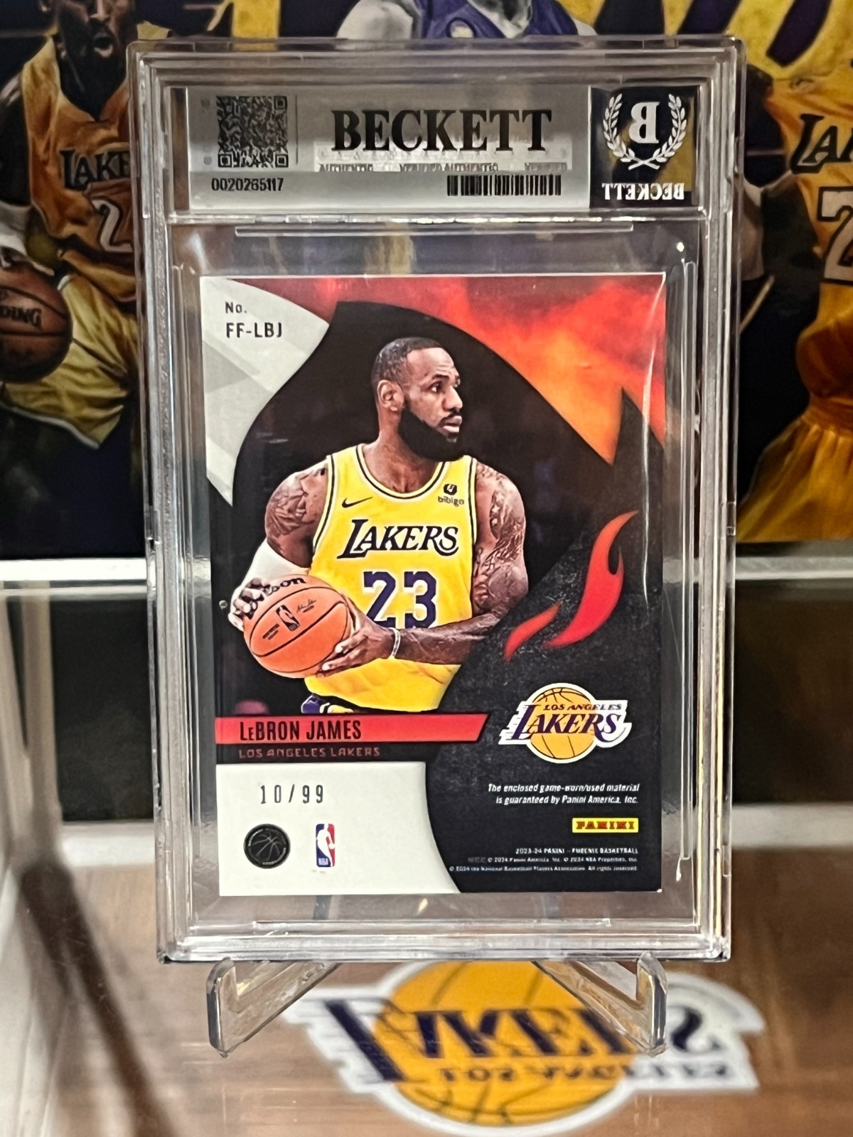 2023-24 Panini Phoenix Fire Fabrics LeBron James #FF-LBJ Purple /99 MEM BGS 9 view 7