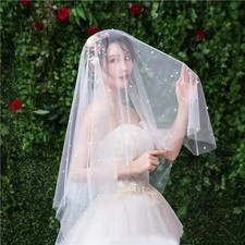 White Pearl Bridal Shawl with Long Train for Wedding Photography and Ceremony