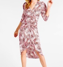 NWT Express Women's Animal Print Wrap Midi Dress Ruched 3/4 Sleeve Pink Size S