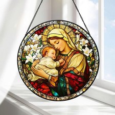 Mother Mary Holding Baby Jesus Stained Glass Suncatcher, Mary Religious Window