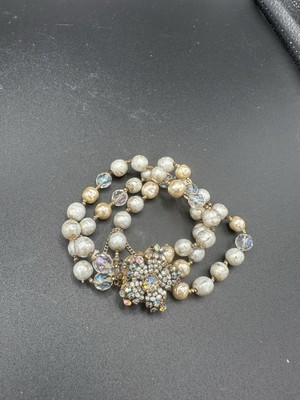 Vintage Miriam Haskell Pearl & Rhinestone Seeded Pearls Flower 3 Strand Bracelet
