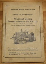 IHC McCormick Deering Farmall Cultivator No. HM-221 Instruction Manual