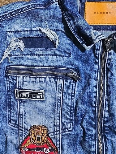 KLOUD 9 Men’s Denim JEAN JACKET 2XL ACID WASH Y2K Look Patched - Picture 5 of 14
