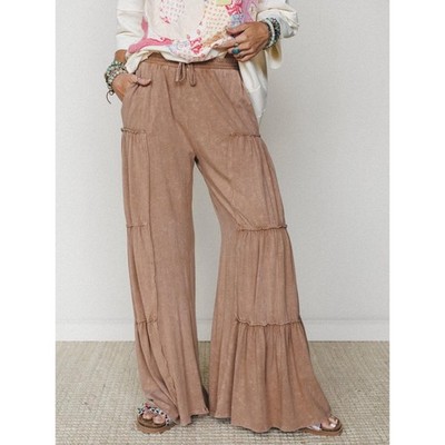 Oli & Hali Tiered Wide Leg Pants Brown Cotton Boho Flare Ruffle MB1033-F L jj