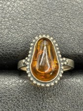 Vintage Sterling Silver Genuine Pear Amber Ring Size 5.25 D21