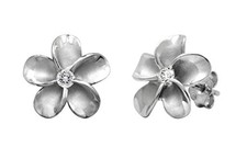 Honolulu Jewelry Company Sterling Silver Plumeria Flower Nature Stud CZ Earri...