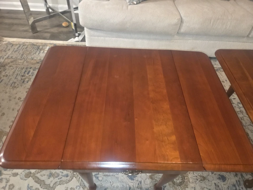 Pair of Vintage Solid Wood End Tables Queen Anne Style Cherry Finish Brass Pulls - Image 3 of 4