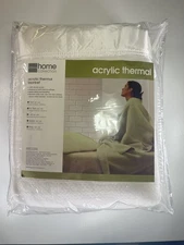 Vtg JCPenney Home Collection Acrylic Thermal Blanket Full White 90s Satin Trim