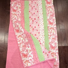Pottery Barn Kids Quilt Pink Green White Floral Butterfly Twin Size Coverlet