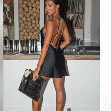 Show Me Your MuMu Blink Black Satin Mini Dress Rhinestone Straps M 308