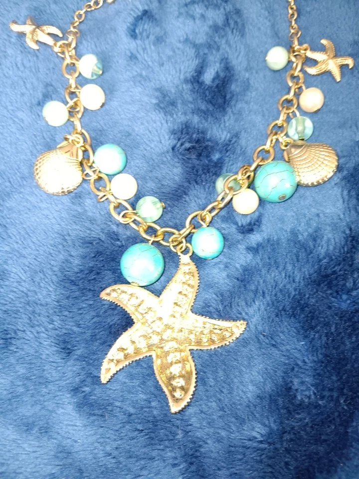 Nautical Starfish Seashell Statement Necklace Gold Tone Turquoise Bead Beach - Image 4 of 4
