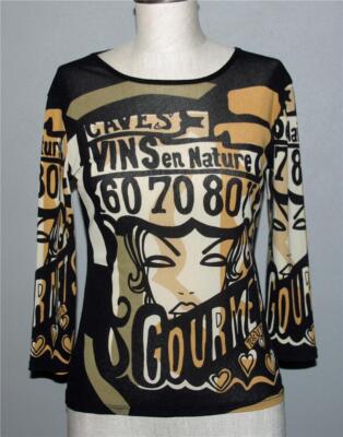 VTG NOUN PARIS Script Women's Faces Semi-Sheer Mesh 3/4 Sleeves Top Wm's M/L