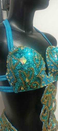 Ägyptischer Bauchtanz Kostüm BH Gürtel Profi Tanzen Türkis Handarbeit - Bild 6 von 9