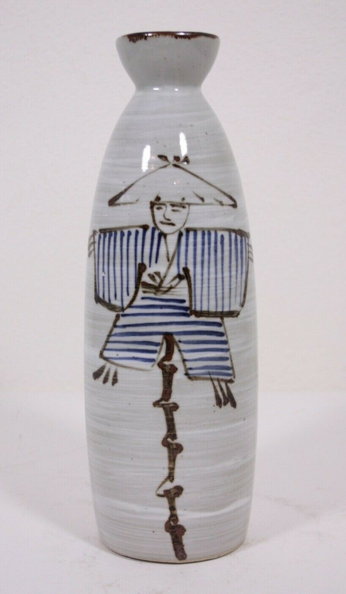 Japan Man Woman Figures 11.5” Gray Glaze Stoneware Pottery Vtg Mid