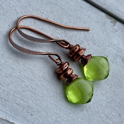 Min Favorit Peridot Green Hydro Quartz & Copper Artisan Wire Wrapped Earrings