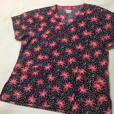 Dickies Scrub Top Medical Uniform Pink Flowers on Navy Sm.-No Tag Pockets