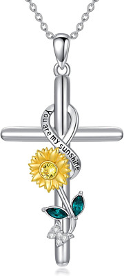 You Are My Sunshine Sunflower Cross Necklace Gifts for Women 925 Sterling Silver