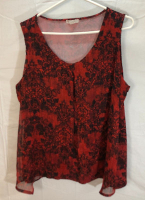 CB Established 1962 Woman Plus 2X Sleeveless Red Black Lined Floral Top Chiffon