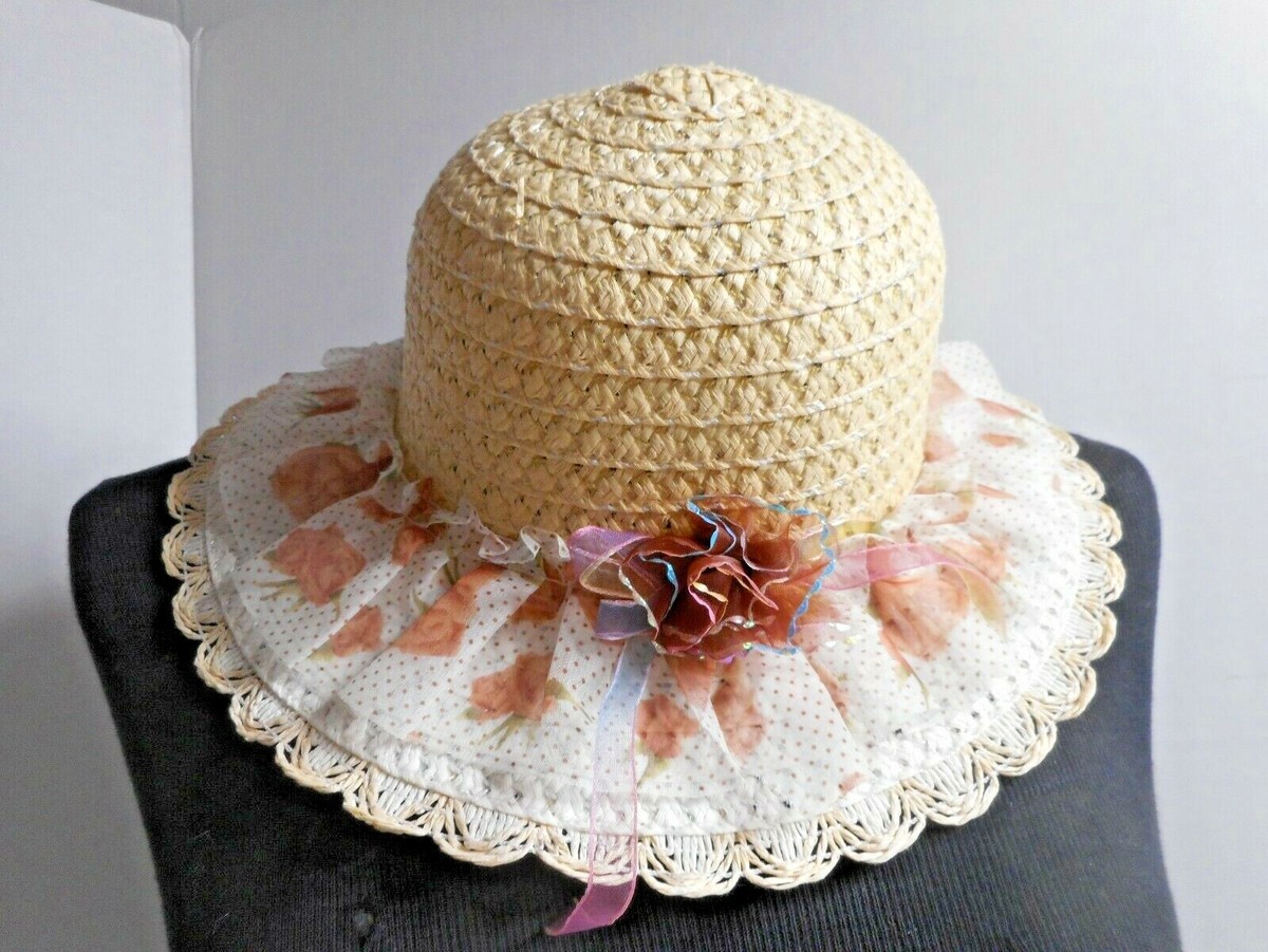Girls Woven Easter Bonnet Church Hat Raffia Flower Bow  display picture 3