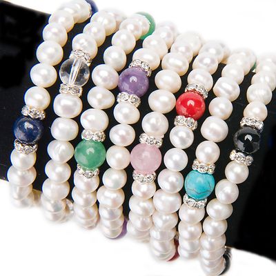 Genuine Pearl and semi-Precious Stone and Crystal Stacking Bracelets