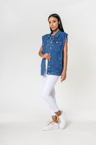 Women's Casual Blue Oversize Classic 5 Pockets Hip Length Denim Gilet/Vest .S-XL - Picture 4 of 5