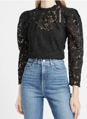 Express Womens Small Black Lace Puff Sleeve Top Blouse Long Sleeve Shirt