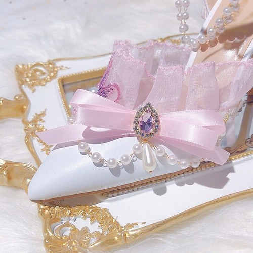 Pink Bowknot Pearl Lolita Princess Style Bridal Wedding Shoes: Pointed Toe Strap - Picture 20 of 24
