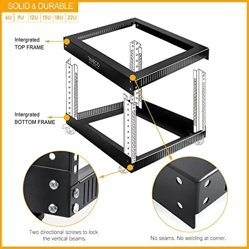 9u Open Frame Server Rack With Casters Heavy Duty 4 Post Quick Assembly 19inch  - Image 2 of 4