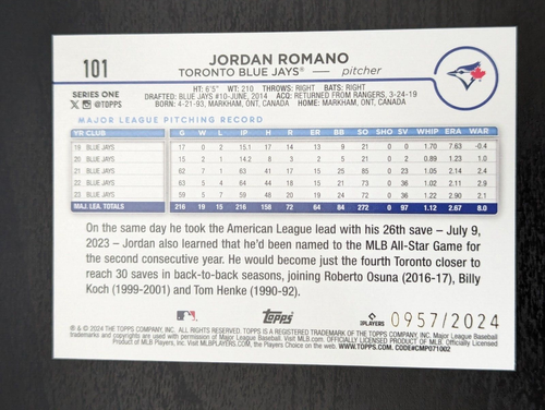 2024 Topps Series One Jordan Romano Gold Toronto Blue Jays /2024 - Picture 3 of 3