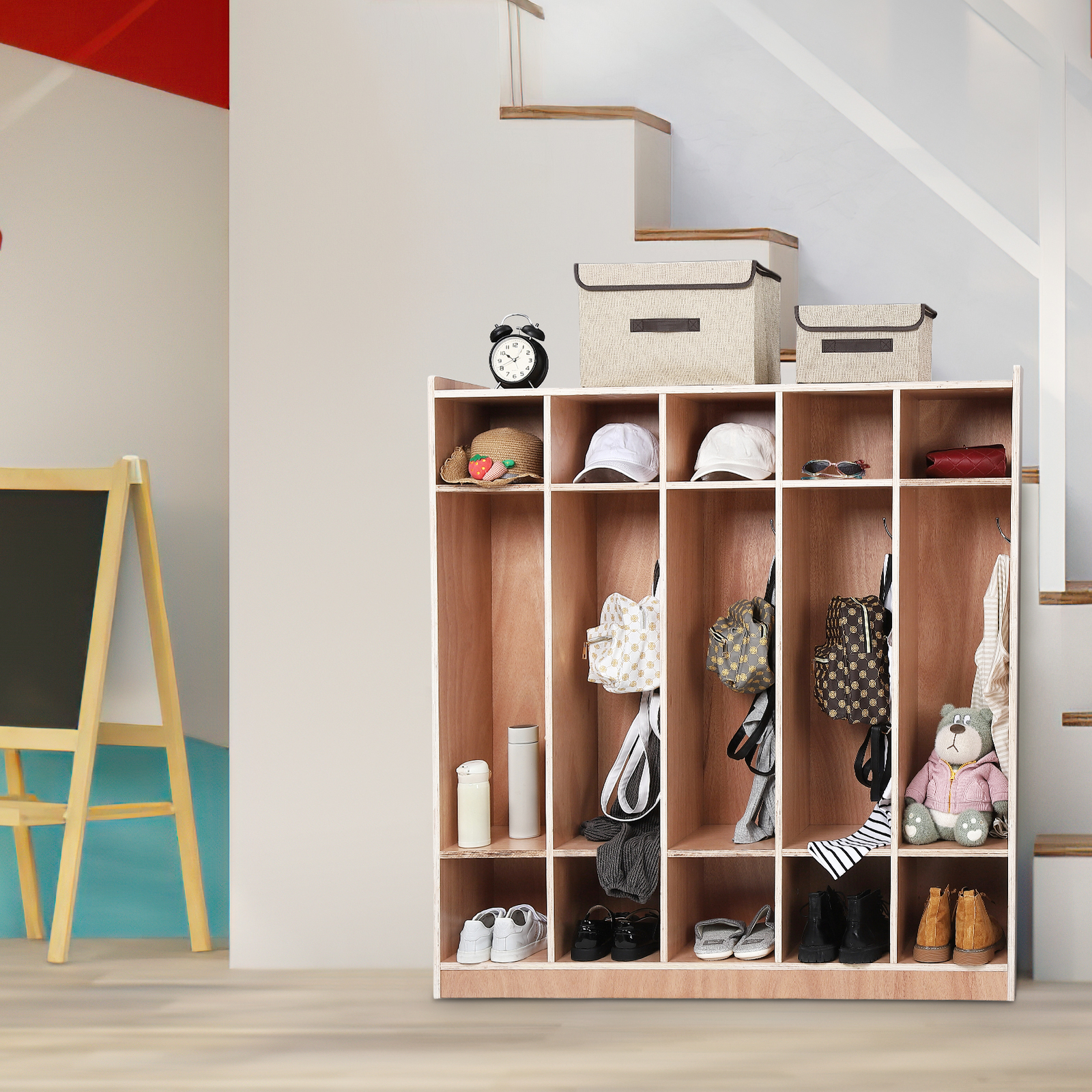 4-Section Wooden Coat Locker With Bench - Natural Pine Cubbies With Hooks For Daycare, Classroom, Or Home